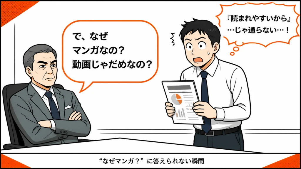 役員に「で、なぜマンガなの?」と問われ、言葉に詰まり驚くマーケティング担当者を描いた1コマ漫画