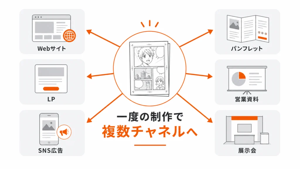 ビジネス漫画の二次活用相関図：1つの制作物をWeb・LP・SNS・パンフ・営業資料・展示会へ展開