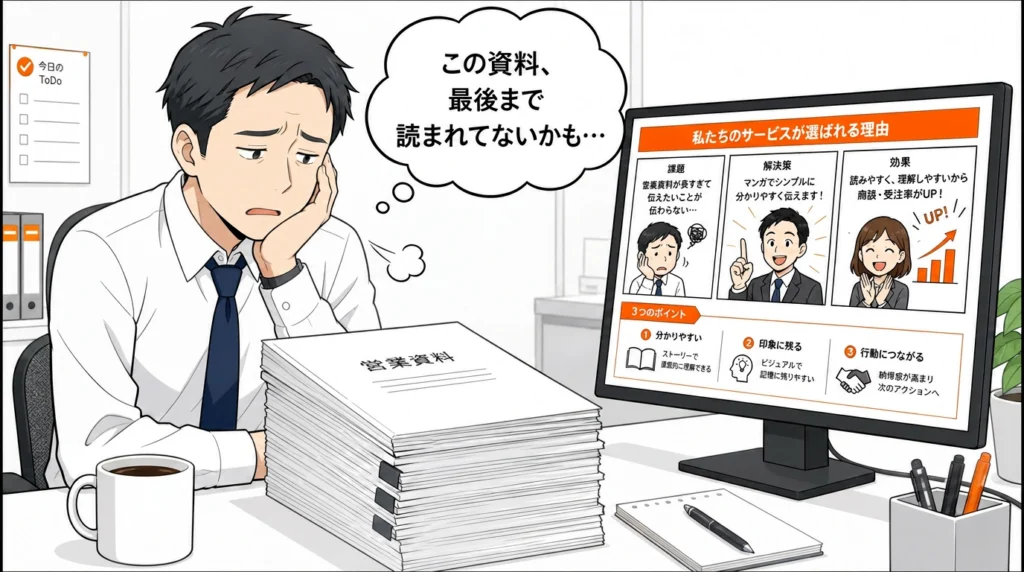 文字だけの営業資料に悩む担当者の1コマ漫画：この資料、最後まで読まれてないかも