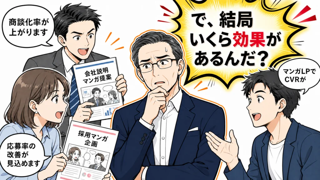 複数部署から漫画起案を受け『で、効果はいくらあるんだ？』と困惑する経営者の1コマ漫画