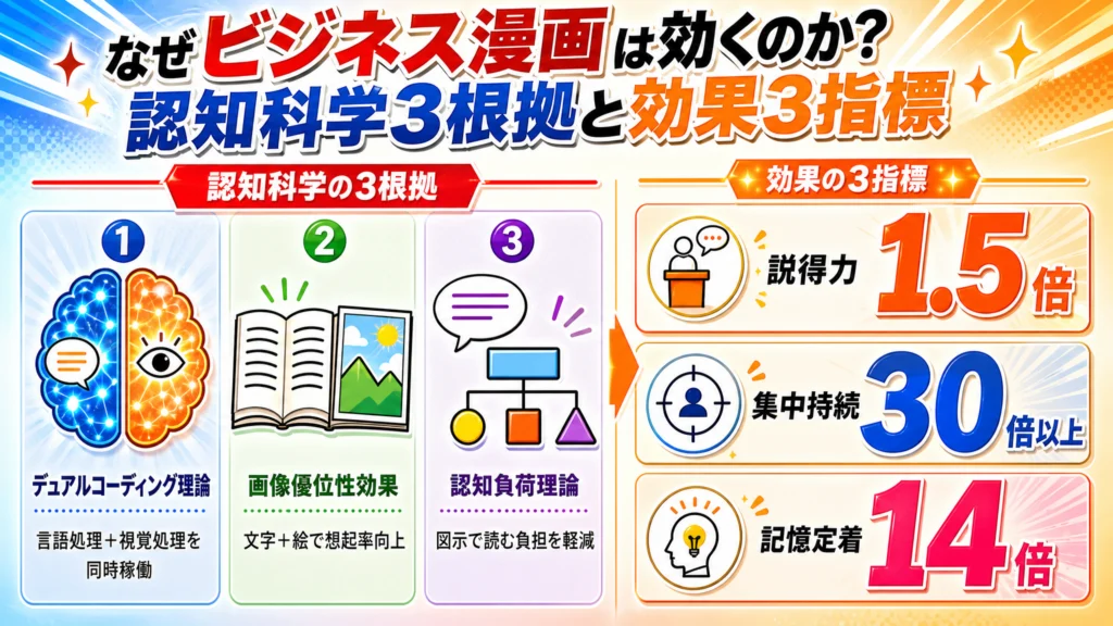 ビジネス漫画の認知科学3根拠と効果3指標：説得力1.5倍・集中持続30倍以上・記憶定着14倍