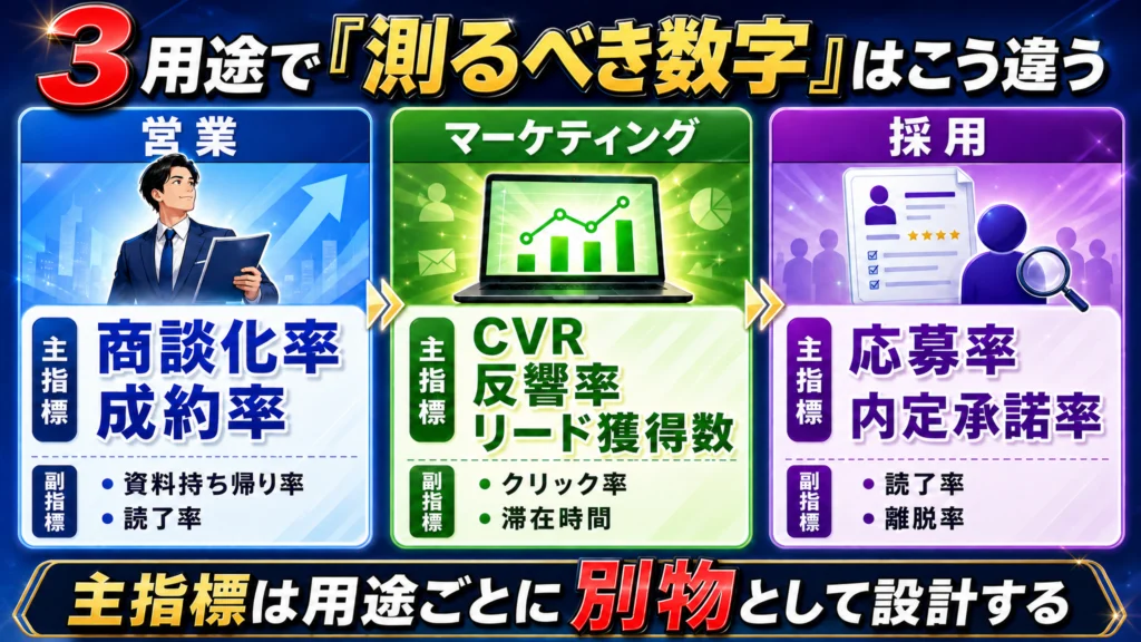 ビジネス漫画の3用途別効果指標マップ：営業=商談化率／マーケ=CVR／採用=応募率