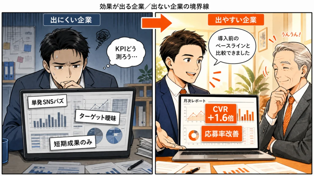 効果が出ない企業（運用設計なし）と効果が出る企業（KPIレビュー実施）のBefore-After対比1コマ漫画
