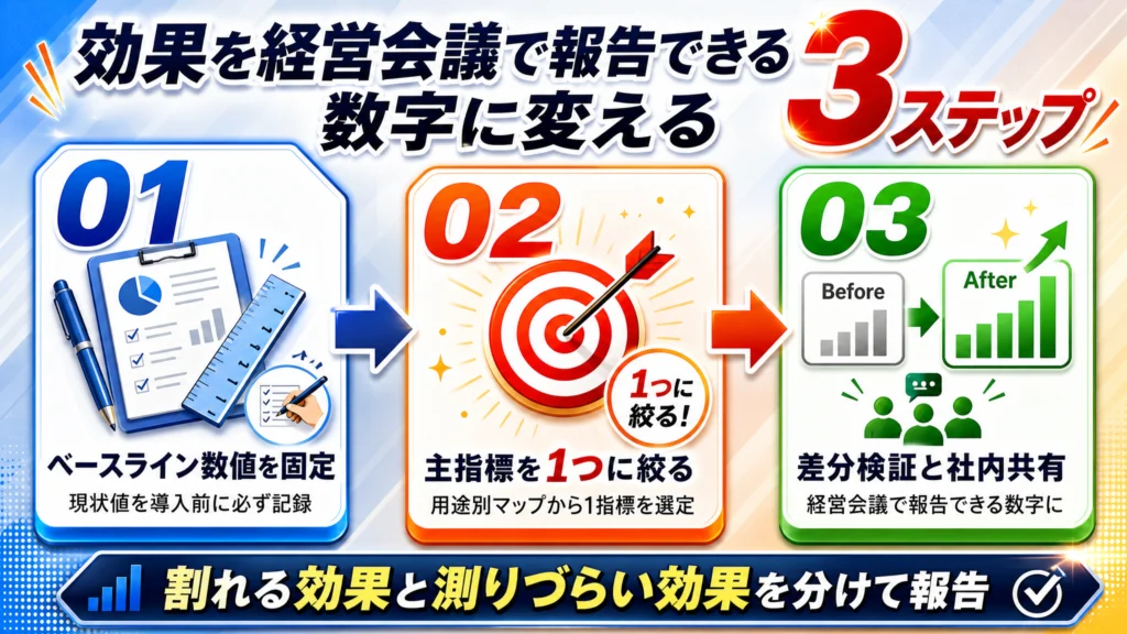 効果測定3ステップフロー：ベースライン固定→主指標選定→Before-After検証