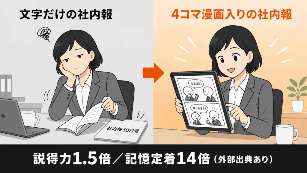 社内報を社員が真剣に読み込む1コマ漫画｜記憶定着14倍・説得力1.5倍を支える読了体験