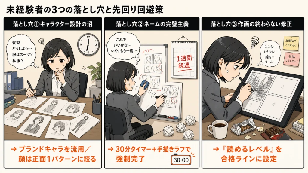 「4コマ漫画 内製挫折の3つの落とし穴｜キャラ設計・ネーム・作画の典型パターンと回避策