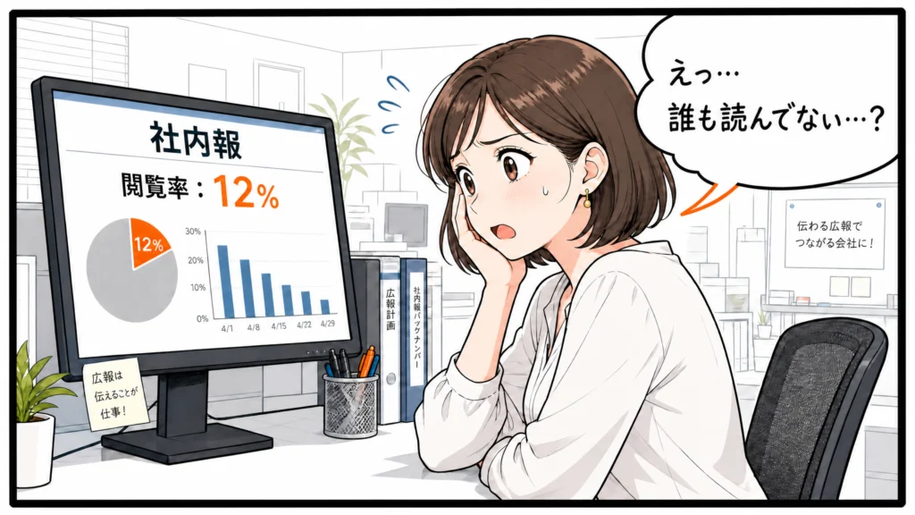 社内報の閲覧率の低さに困惑する広報担当者を描いた1コマ漫画。パソコン画面に閲覧率12%と表示され、困った表情で頭を抱えている