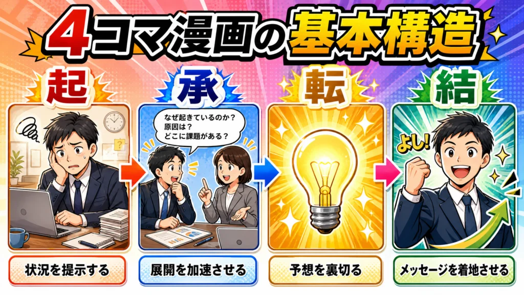 4コマ漫画の起承転結構造を図解したイラスト。起は状況提示、承は展開、転は意外性、結は着地と、各コマの役割がラベル付きで示されている