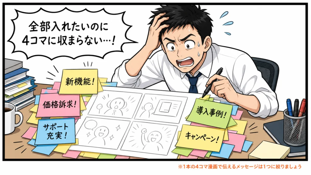 4コマ漫画の失敗パターンを示す1コマ漫画。1本の4コマ漫画にメッセージを詰め込みすぎて混乱するビジネスパーソンの姿