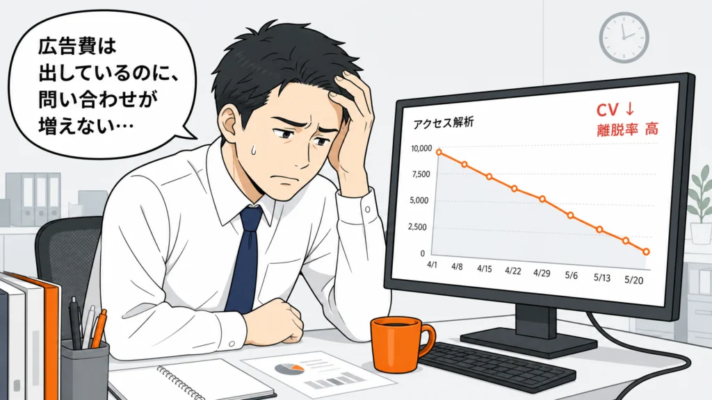 自席でアクセス解析の右肩下がりグラフを見て『広告費は出しているのに問い合わせが増えない』と頭を抱えるマーケ担当の1コマ漫画