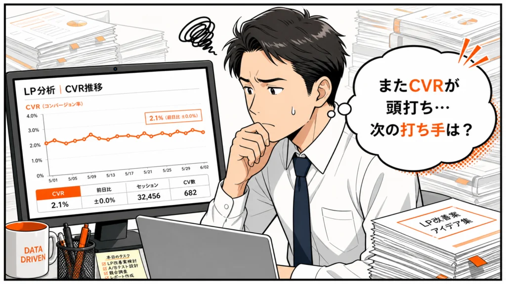 LP経由のCVRが頭打ちで次の打ち手に悩むマーケティング担当者を描いた1コマ漫画