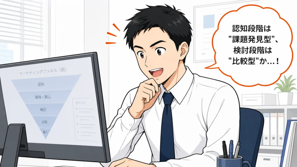 営業企画担当が気づきを得て『ファネルごとにマンガの型を変えるのか』と確信した表情のビジネスマンガの1コマ