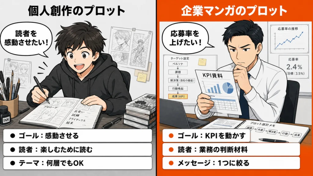 個人創作のプロット（感動が目的）と企業マンガのプロット（KPIが目的）の前提の違いを左右対比で示した図解