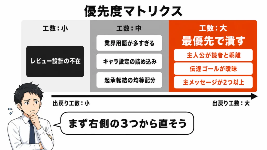プロットのNG7型を出戻り工数の大小でマッピングし、最優先で潰すべき3つの重大NGを赤で強調した優先度マトリクス図