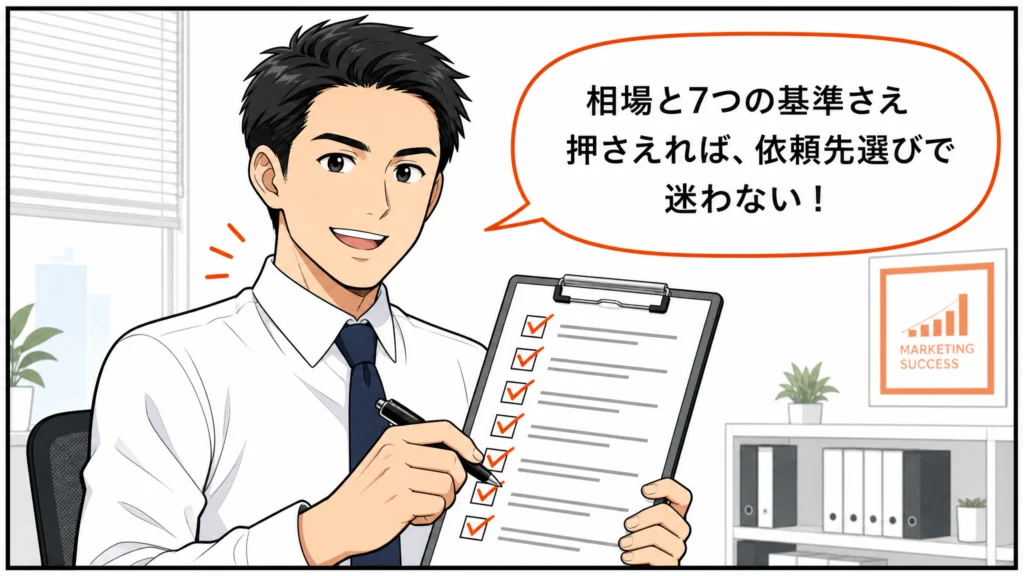 相場と7つの選定基準を押さえて自信を持つマーケティング担当者の1コマ漫画