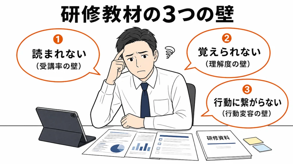 研修担当の男性が3KPIギャップ（読まれない・覚えられない・行動に繋がらない）に直面している1コマ漫画