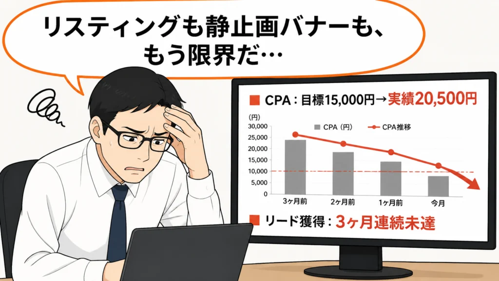 広告運用担当者がCPA目標15,000円超過とリード獲得3ヶ月連続未達に頭を抱える1コマ漫画