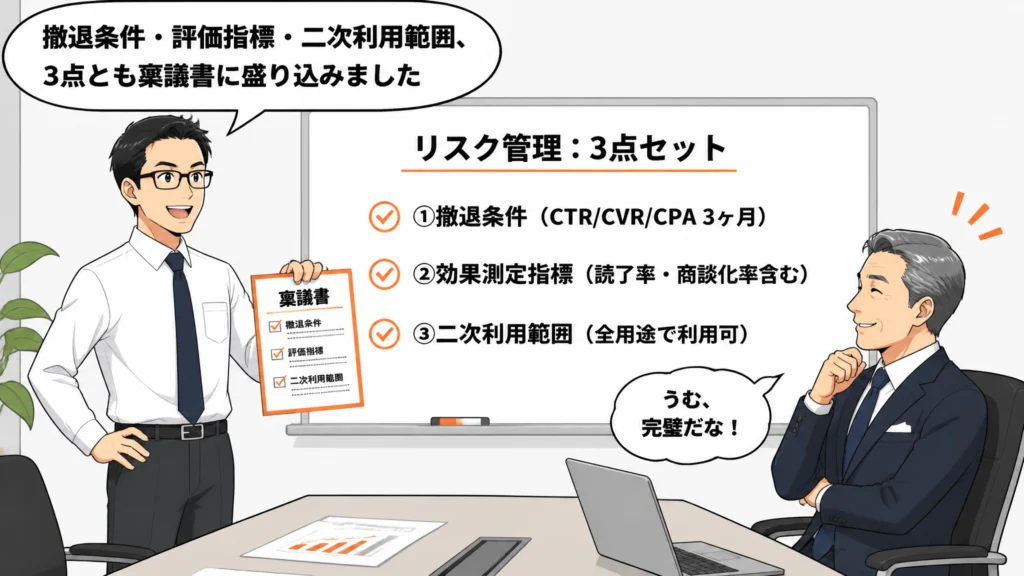 漫画広告の稟議突破3点セット（撤退条件・効果測定指標・二次利用範囲）を経営層に提示する1コマ漫画