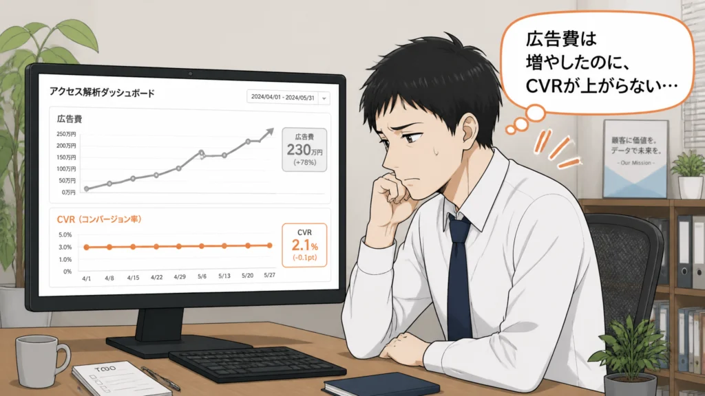 アクセス解析を見るSaaSマーケティング担当者の1コマ漫画。広告費は増えるのにCVRが横ばいで悩む様子