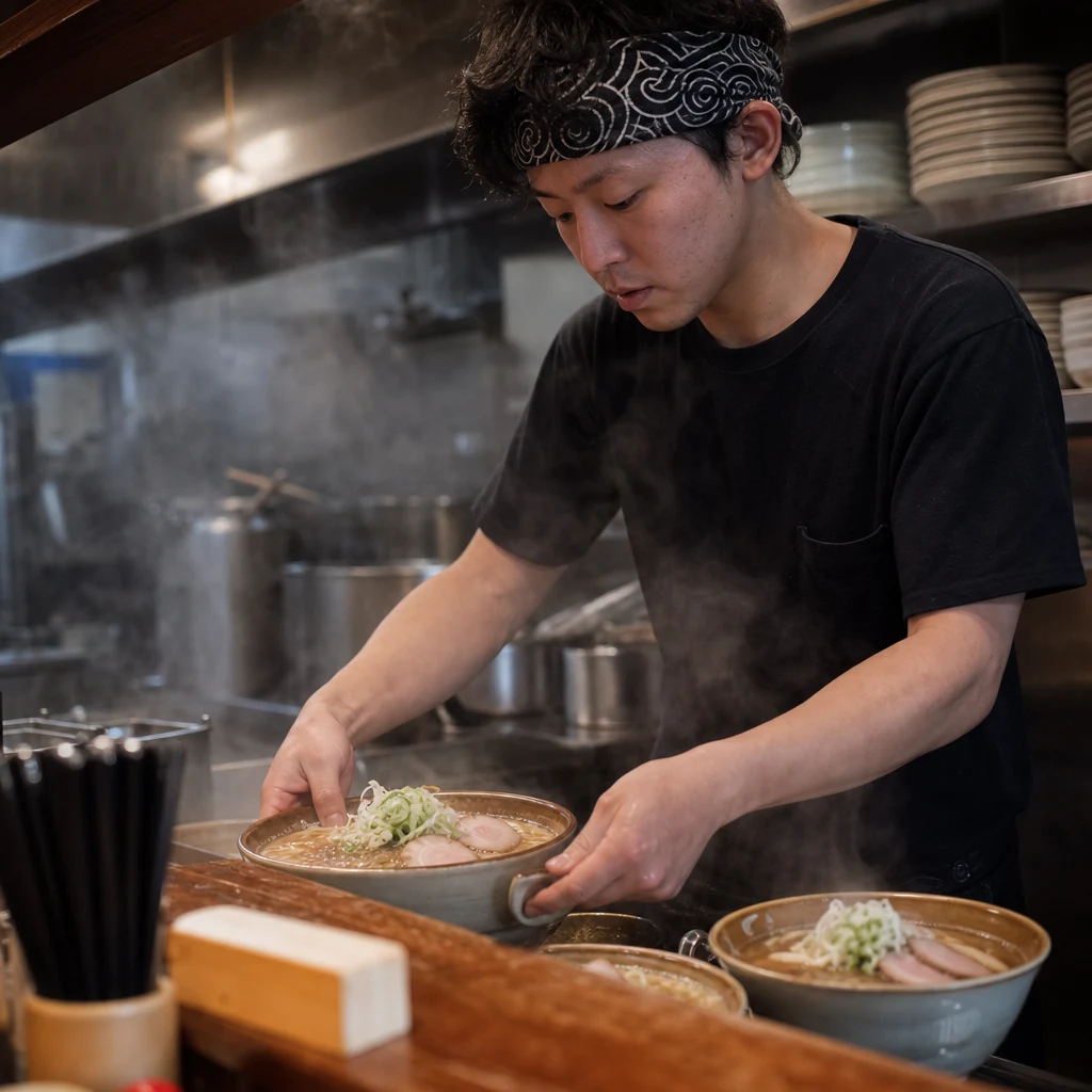 中華そば店でラーメンを仕上げる職人