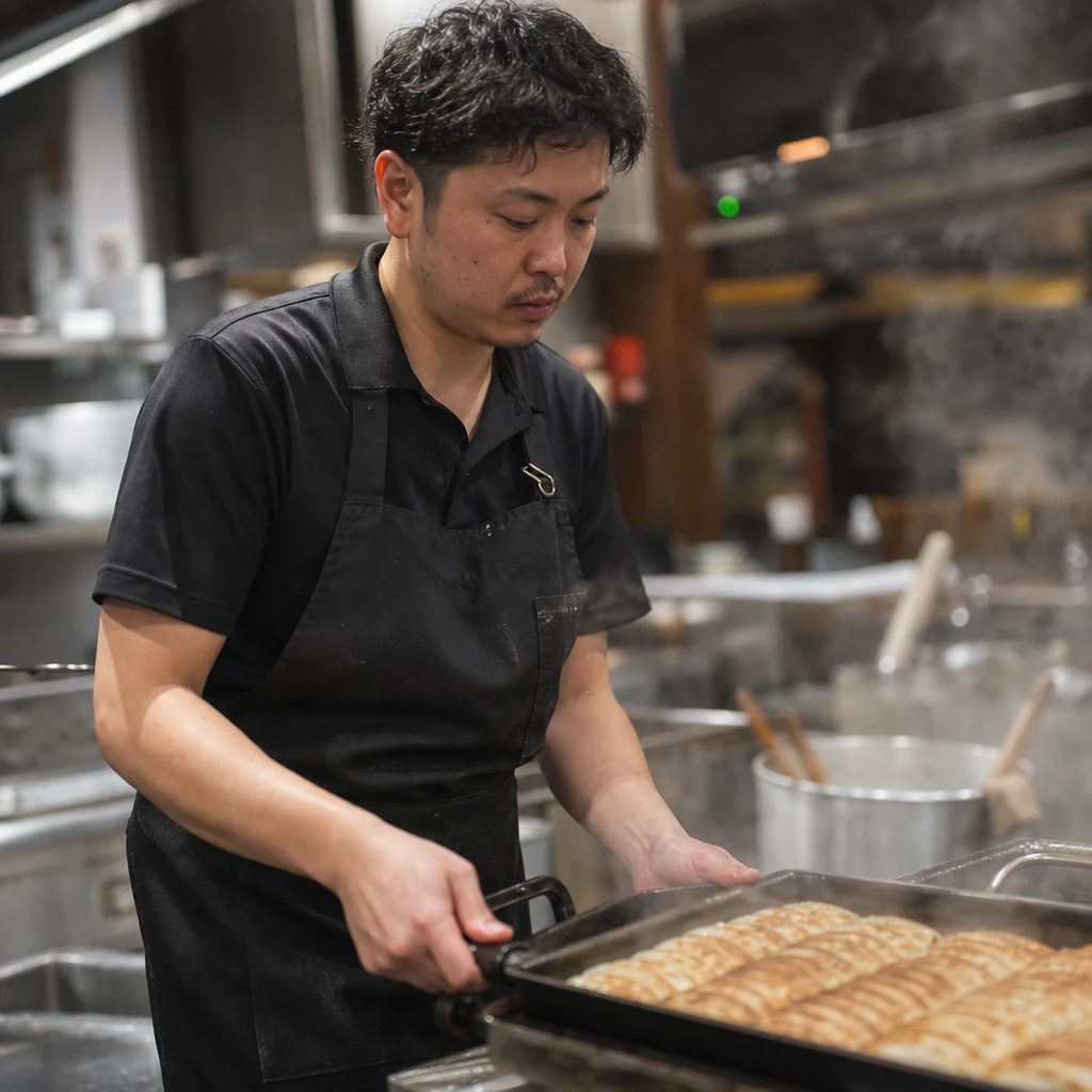 居酒屋で餃子を焼くスタッフ