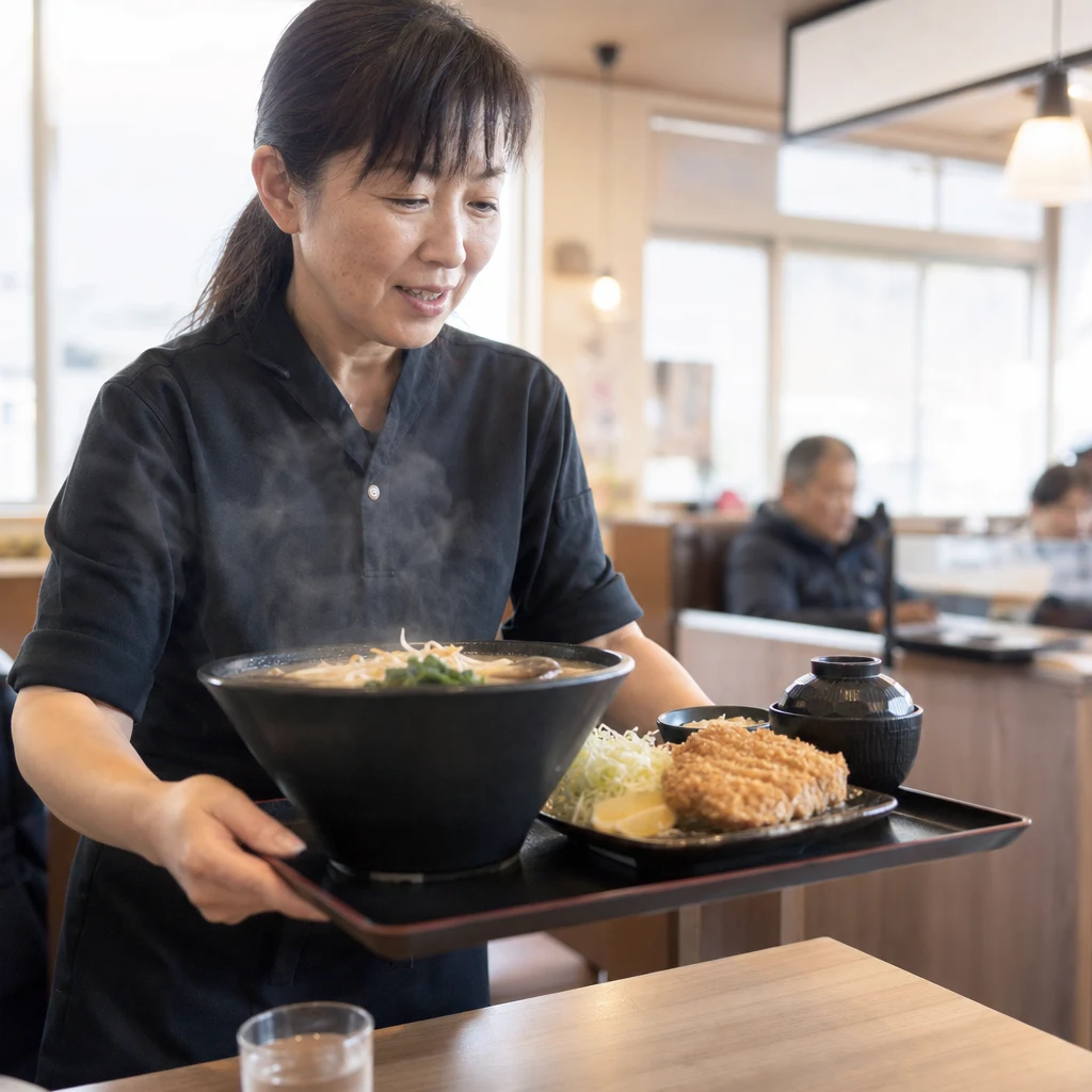 ラーメン・とんかつ店で料理を運ぶスタッフ