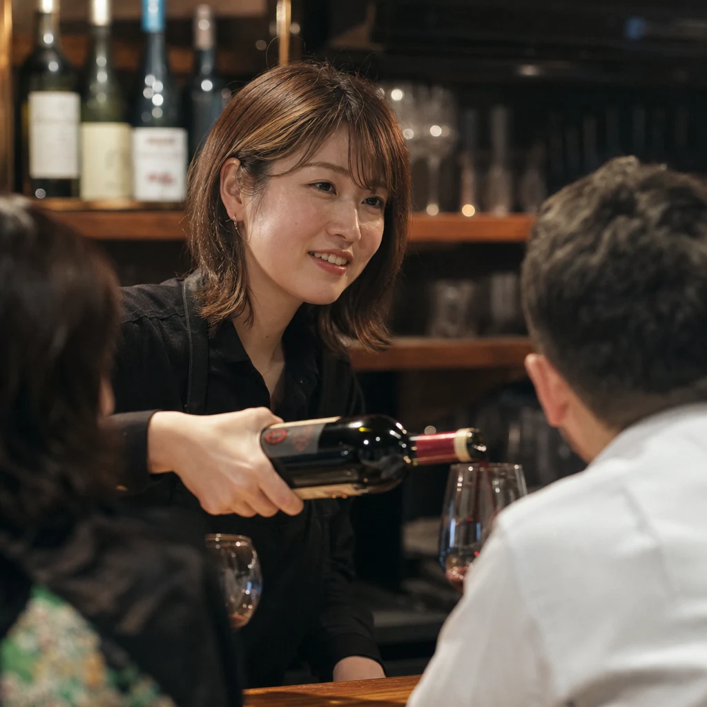ワインバーで接客しながらワインを注ぐスタッフ