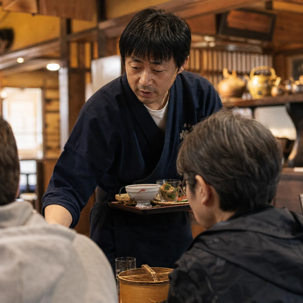 北海道の郷土料理店で料理を運ぶスタッフ