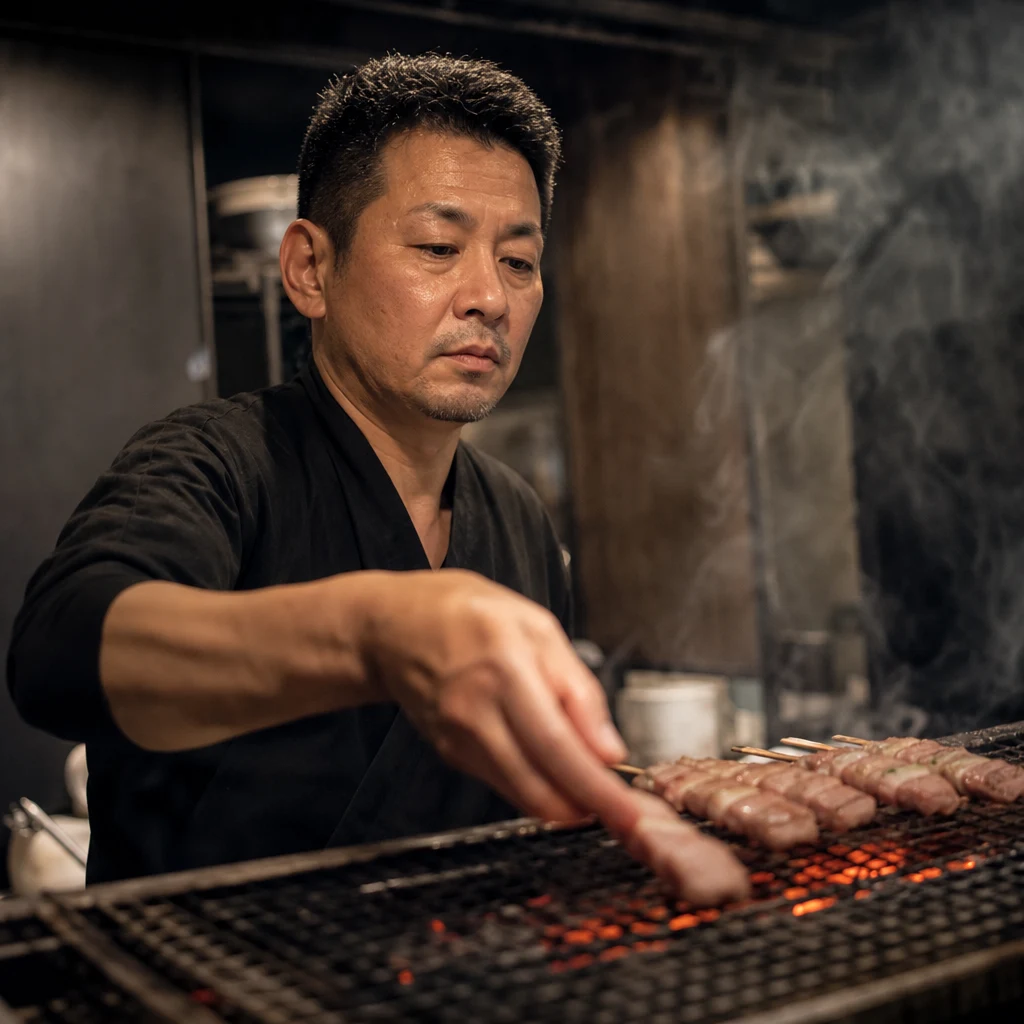 炭火で牛串を焼く専門店の職人