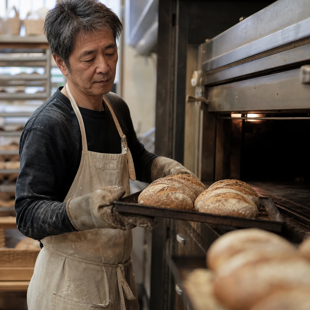 ベーカリーで焼きたてのパンを取り出す職人