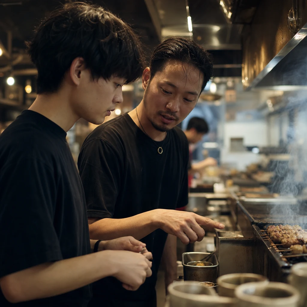 居酒屋の厨房で新人に調理を教えるスタッフ