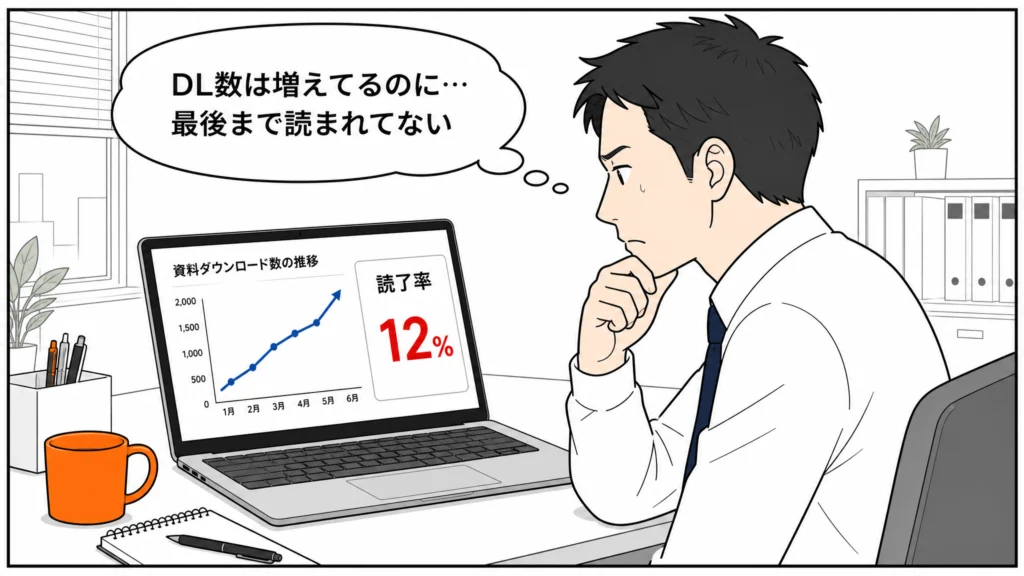 資料ダウンロード数は増えているのに読了率12%と表示されたPCを見て困惑するマーケティング担当者の1コマ漫画