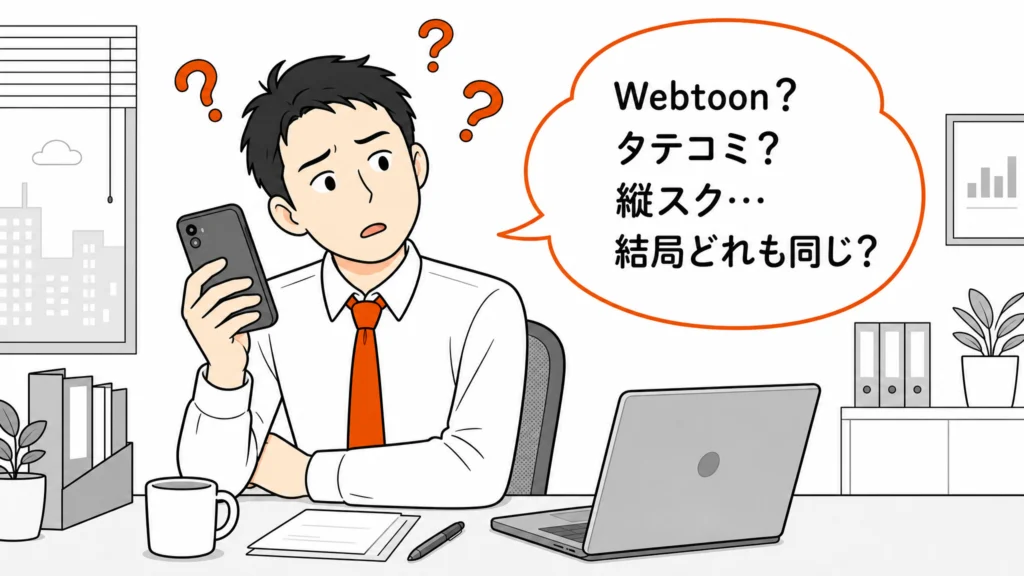 自席でスマホを手に「Webtoon？タテコミ？縦スク？結局どれも同じ？」と首をかしげる男性会社員の1コマ漫画