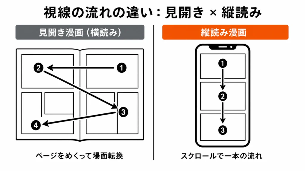 見開きは右上から左下へジグザグ、縦読みは上から下へ一直線、という視線の流れの違いを左右で対比した図解