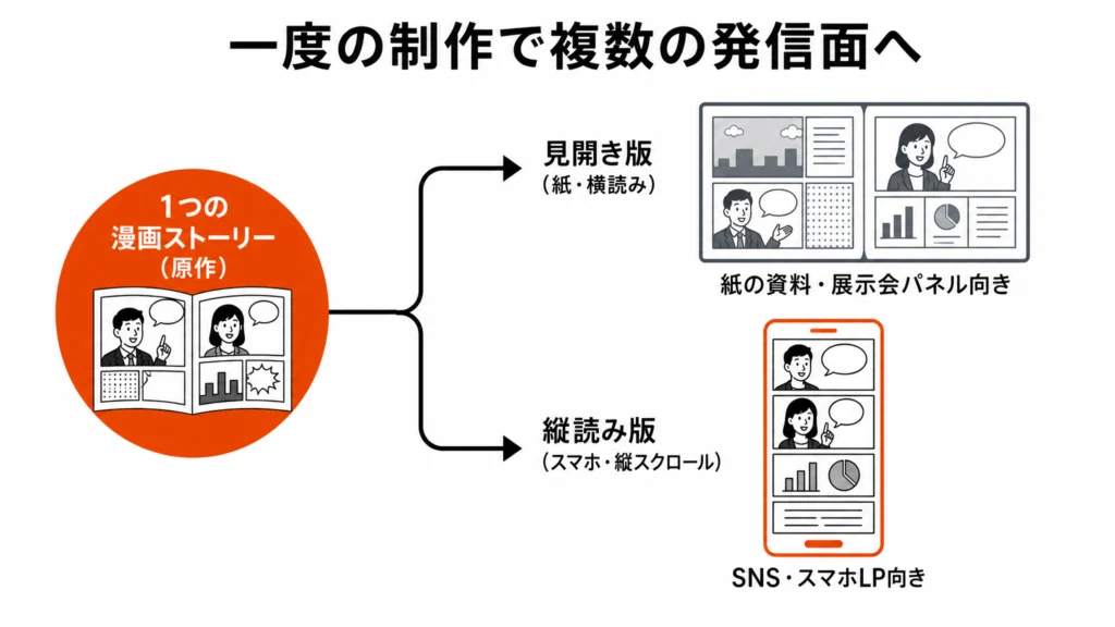 1つの漫画ストーリーを見開き版と縦読み版に作り分けて多面展開する流れを、矢印の分岐で示したBefore/After対比図