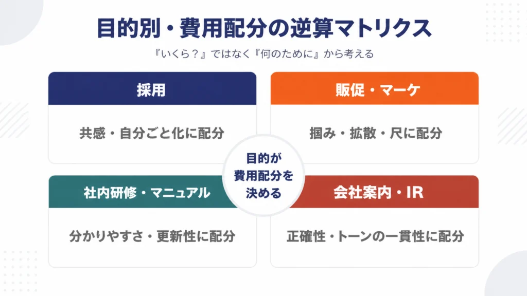 目的別（採用・販促・社内研修・会社案内/IR）に費用の配分先が変わることを示す逆算マトリクス図