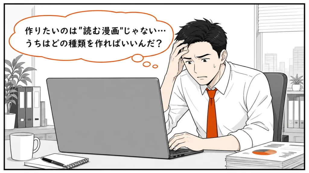 検索結果に漫画の書影が並ぶPC画面を見て「うちはどの種類を作ればいいんだ?」と頭を抱えるマーケ担当の1コマ漫画