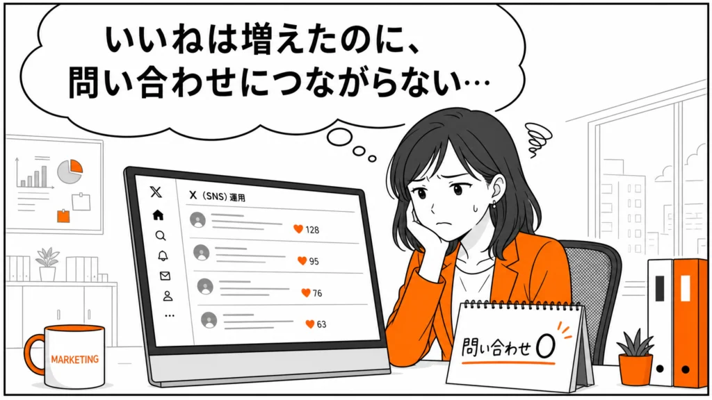 X運用画面を前に「いいねは増えたのに問い合わせにつながらない」と困惑するマーケ担当の1コマ漫画