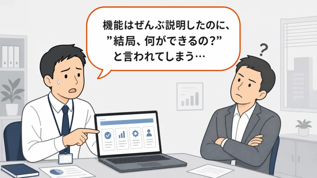 機能を説明しても『結局何ができるの？』と伝わらず困るプロダクトマーケ担当者の1コマ漫画