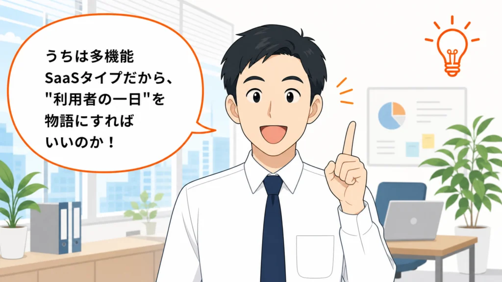 自社の商材タイプに合った物語化の方針に気づき、前向きな表情になったプロダクトマーケ担当者の1コマ漫画