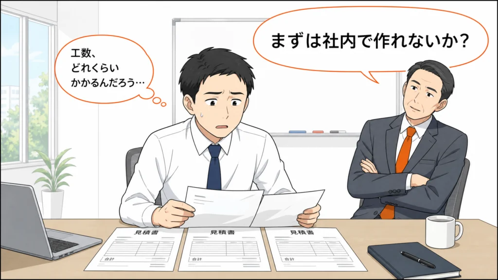 「これ、うちでできないの？」と上司に問われ、答えに詰まるマーケティング担当者の1コマ漫画