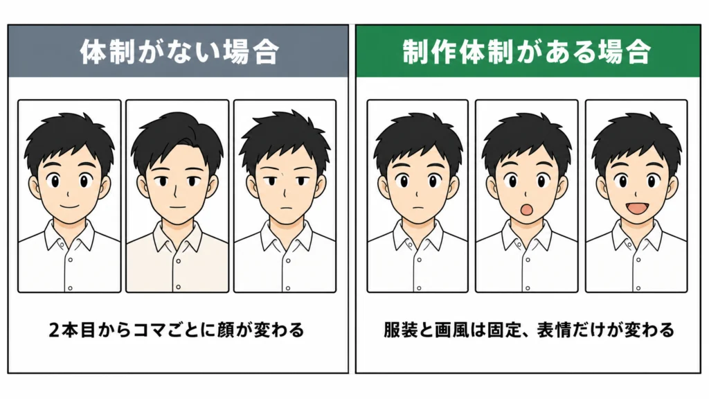 全内製・ハイブリッド・全外注の3パターンを、5工程のどこに分割線を引くかで示した図。最も一般的なのはシナリオとネームの境目