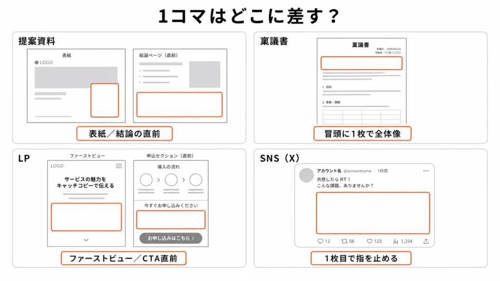 提案資料・稟議書・LP・SNSの4媒体モックアップに、1コマ漫画を差す位置をオレンジ枠で示した配置箇所図