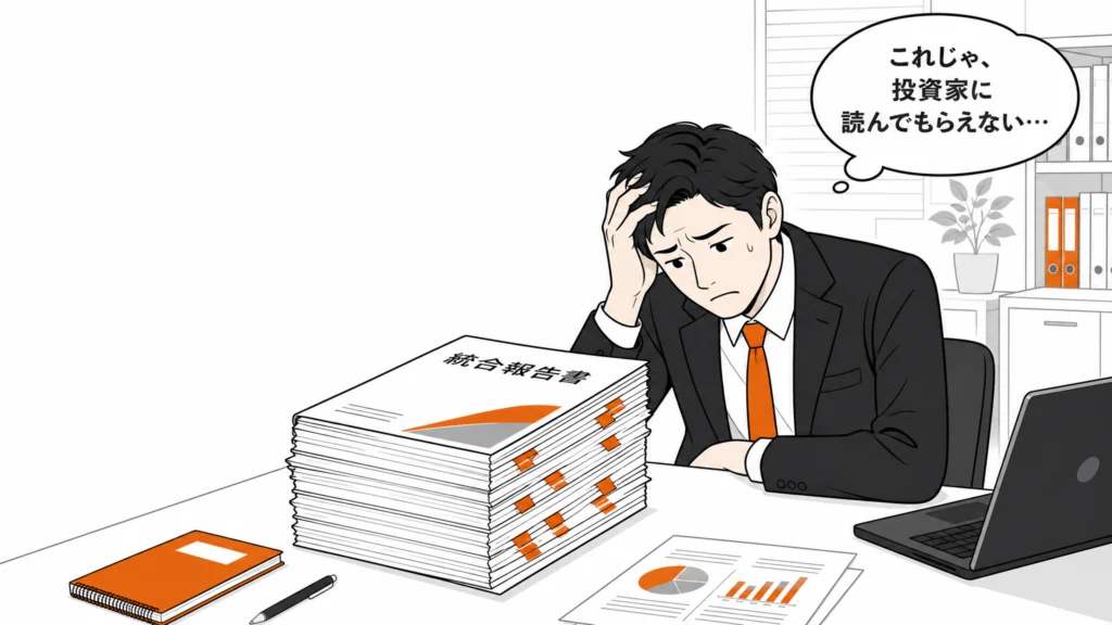 分厚い統合報告書を前に「読んでもらえない」と困る経営企画担当者を描いた1コマ漫画