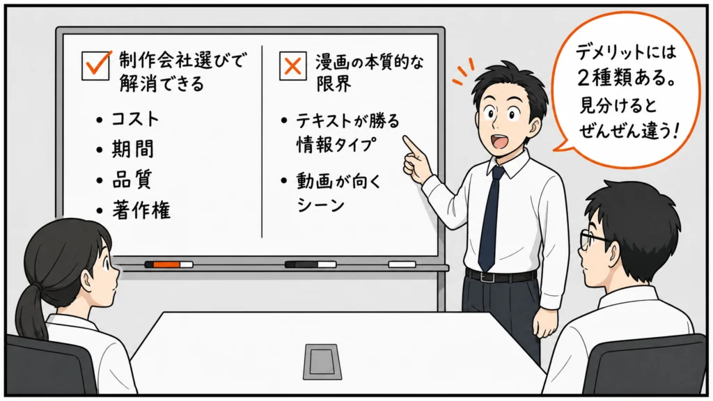 ホワイトボードの前でデメリットの2種類（解消できるもの vs 本質的な限界）を把握して納得するビジネスマンの1コマ漫画イラスト