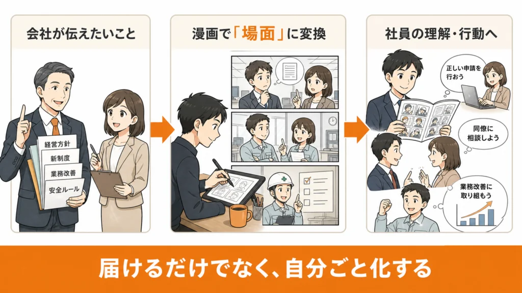 会社が伝えたい情報を漫画で場面化し社員の理解と行動につなげる流れ