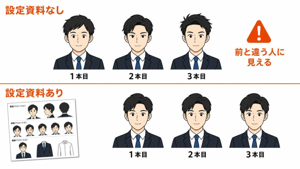 設定資料がない場合は1本目から3本目で顔が変わり、設定資料がある場合は同一人物のまま保たれることを示す対比図