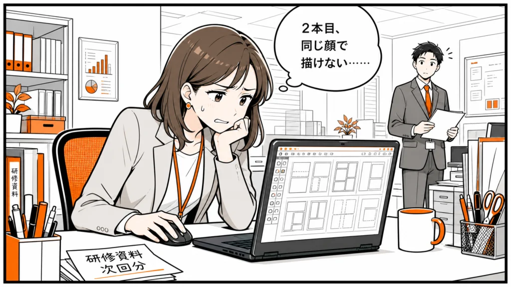 オフィスの自席でコミック作成ツールの画面に向かい、2本目を同じ顔で描けないと困る30代の女性社員の1コマ漫画