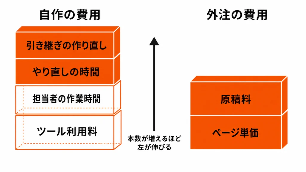 自作の費用はツール利用料に作業時間とやり直しが積み上がり、外注はページ単価と原稿料で構成されることを示す構造図