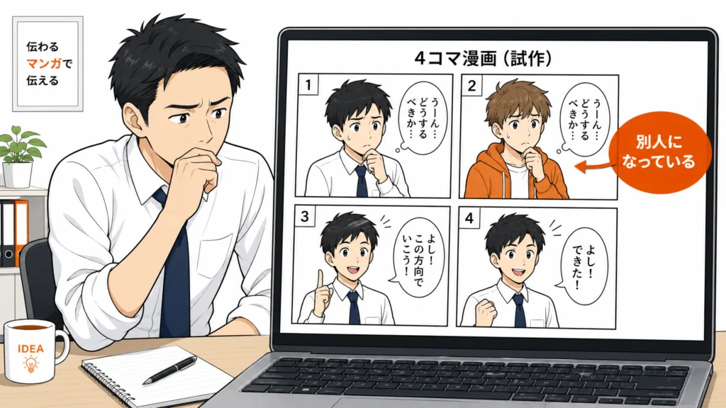 無料のコミック作成ツールで試作した4コマの1コマ目と2コマ目でキャラクターの顔が変わり、パソコン画面を見て困惑する営業担当者の1コマ漫画